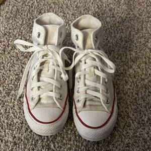 Kids High-Top Canvas Sneakers in White with Red Trim